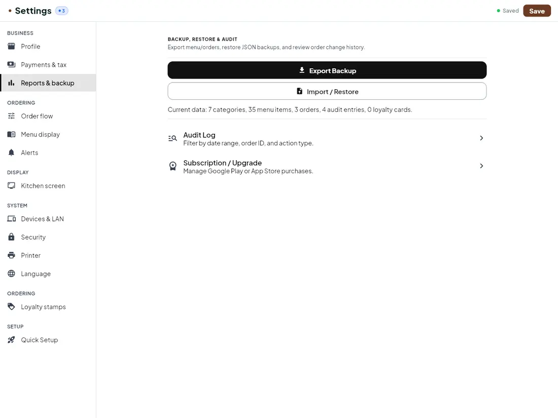 Backup and restore screen with automatic daily backup status, last run time, and buttons to run a backup, verify it, or restore.